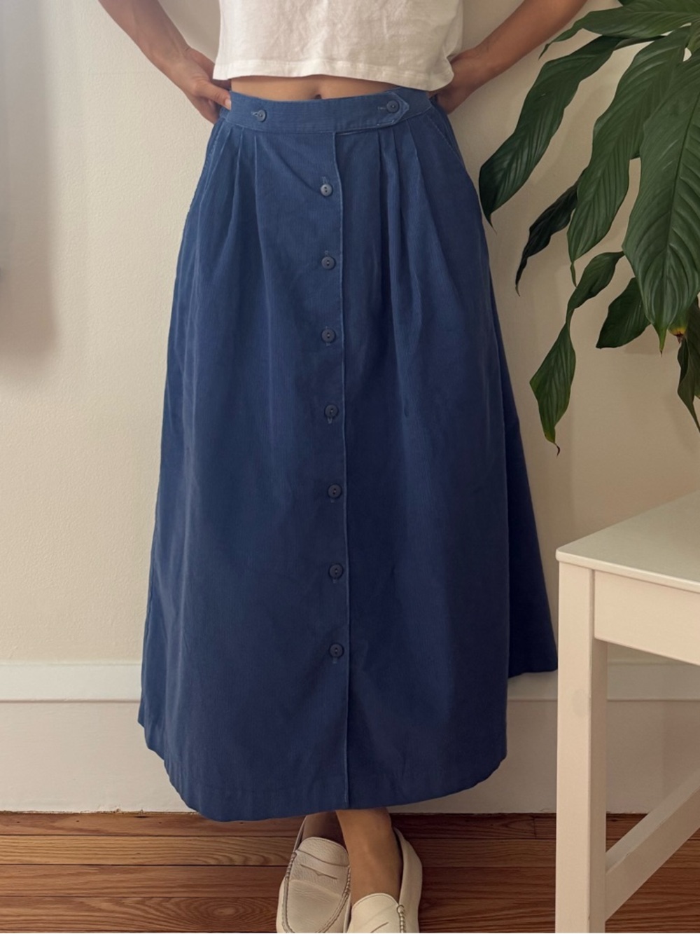Vintage Northern Isles Petites Cotton Blend Blue Corduroy Pleated Skirt Size 14